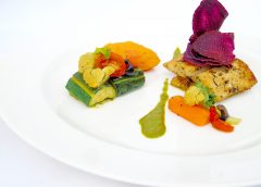 Duo Fish Pan Seared with Emulsion Coriander, Vegetables and Sweet Potato
